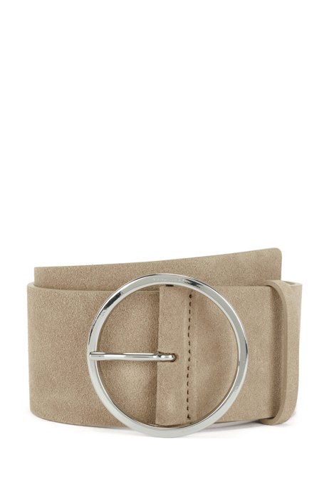 Italian-suede belt with round buckle in polished silver, Beige