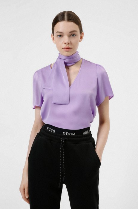 Stretch-silk top with tie-up neckline, Purple
