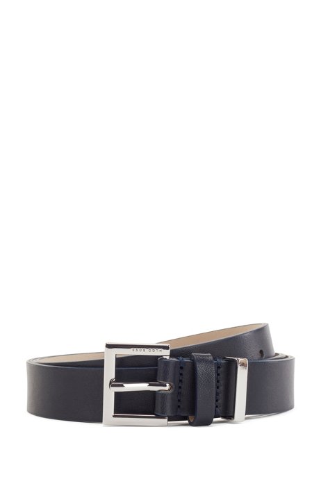 Branded-buckle belt in Italian leather with hardware detail, Dark Blue