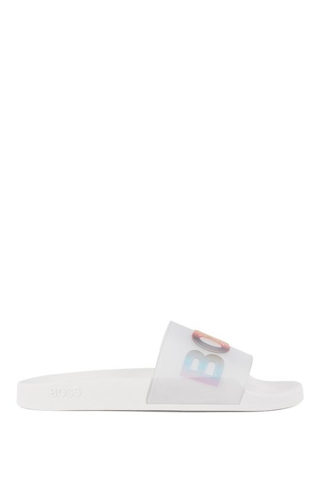 Slides with rainbow logo, White