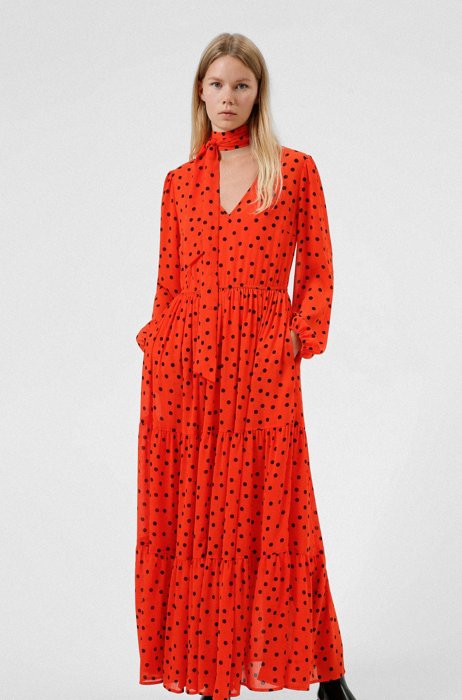Relaxed-fit dress with dot print and bow neckline, Patterned