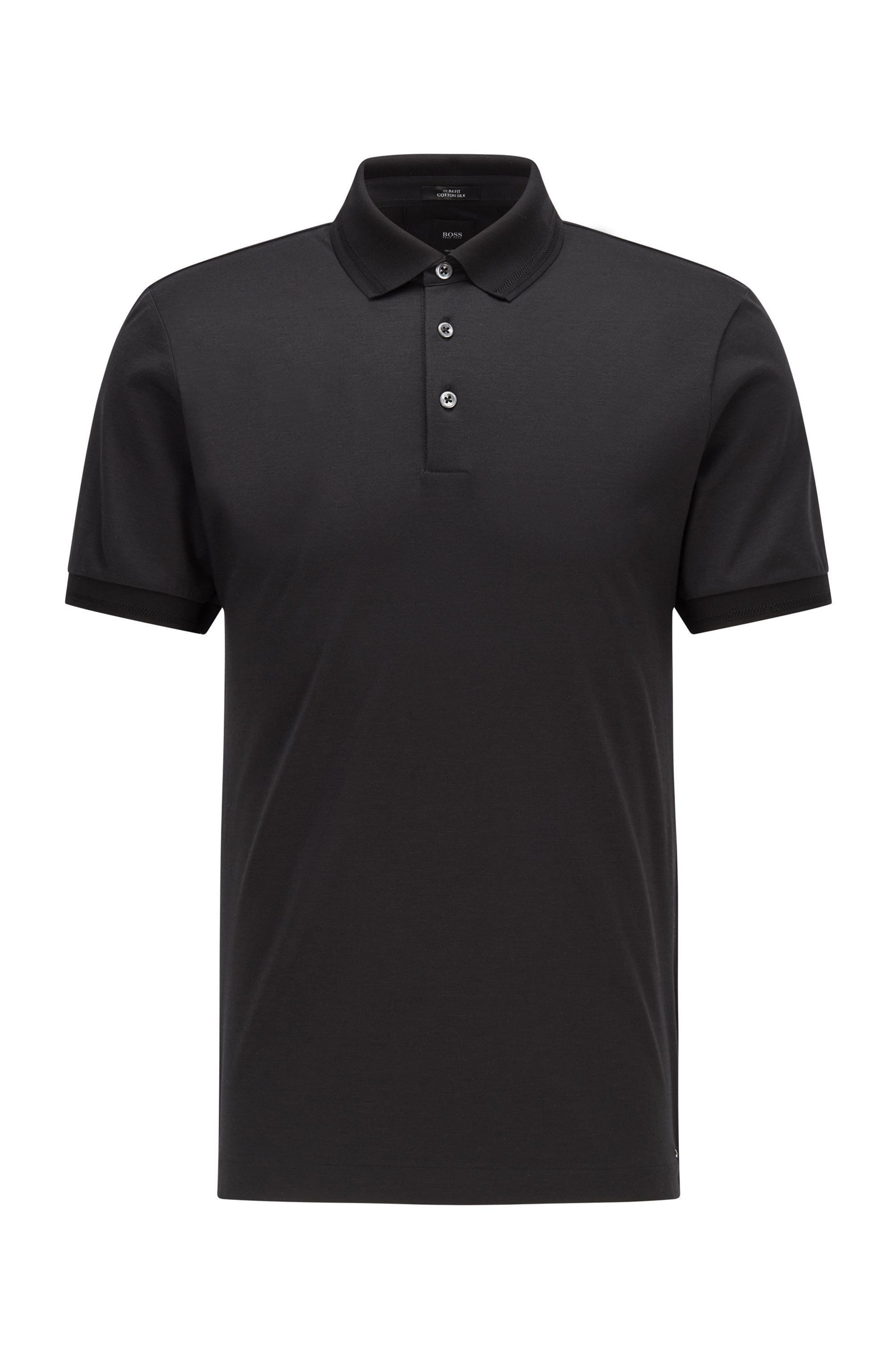 Slim-fit polo shirt in cotton and silk, Black
