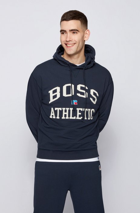 Relaxed-fit unisex hoodie in organic cotton with exclusive logo, Dark Blue