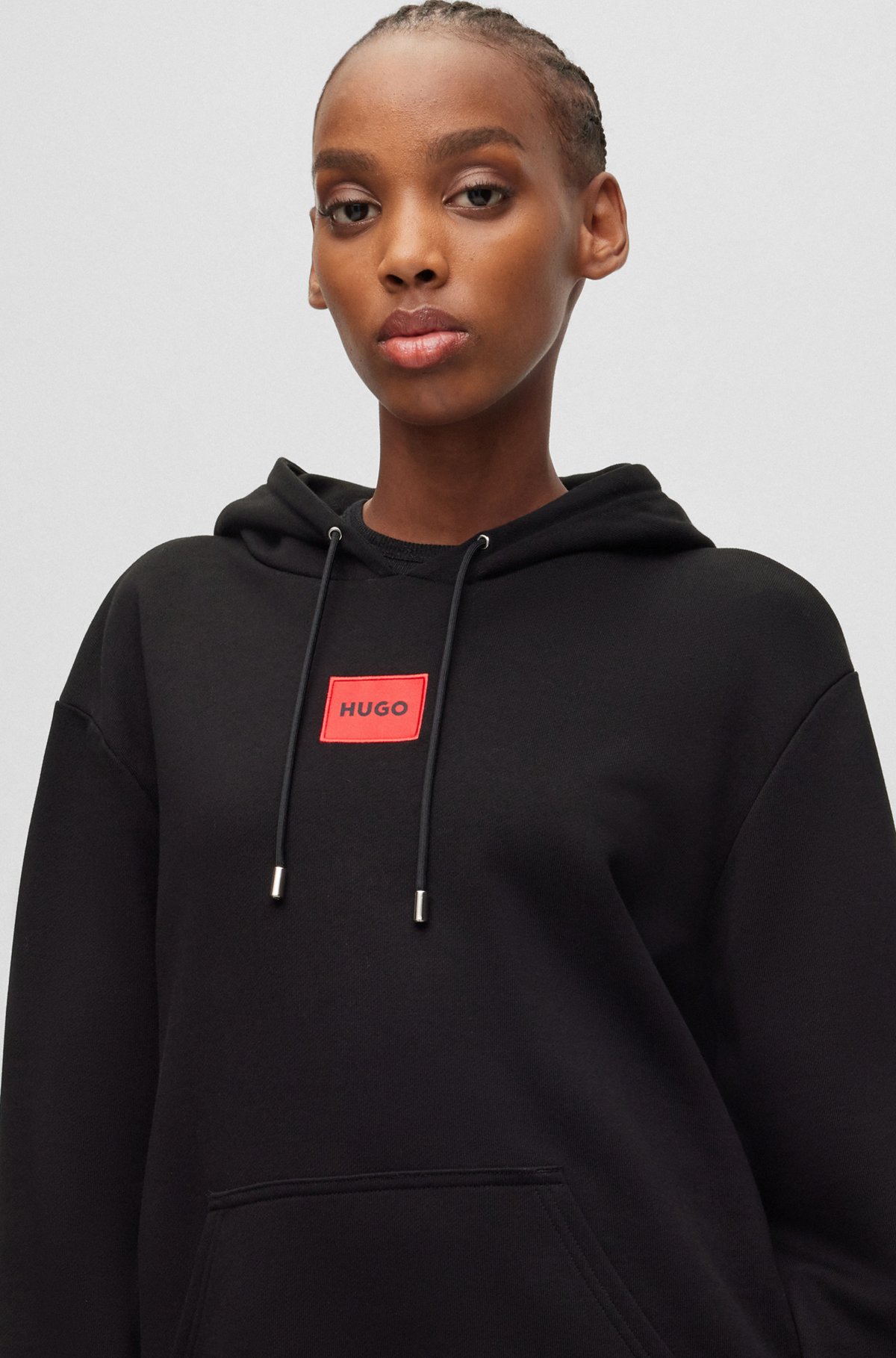 Cotton hooded sweatshirt with logo label, Black