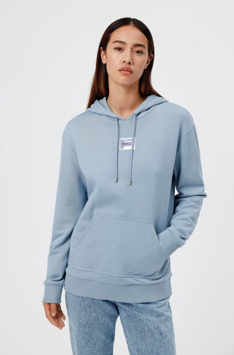 Cotton hooded sweatshirt with logo label, Light Blue