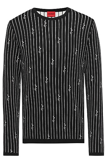 提花针织细条纹徽标装饰棉混纺毛衣,  001_Black