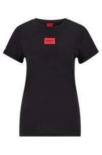 로고 라벨 슬림 핏 코튼 티셔츠, 블랙
