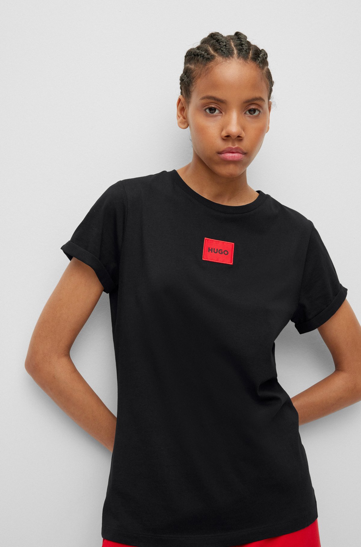 Slim-fit cotton T-shirt with logo label, Black