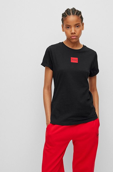 Camiseta slim fit de algodón con etiqueta con logo, Negro