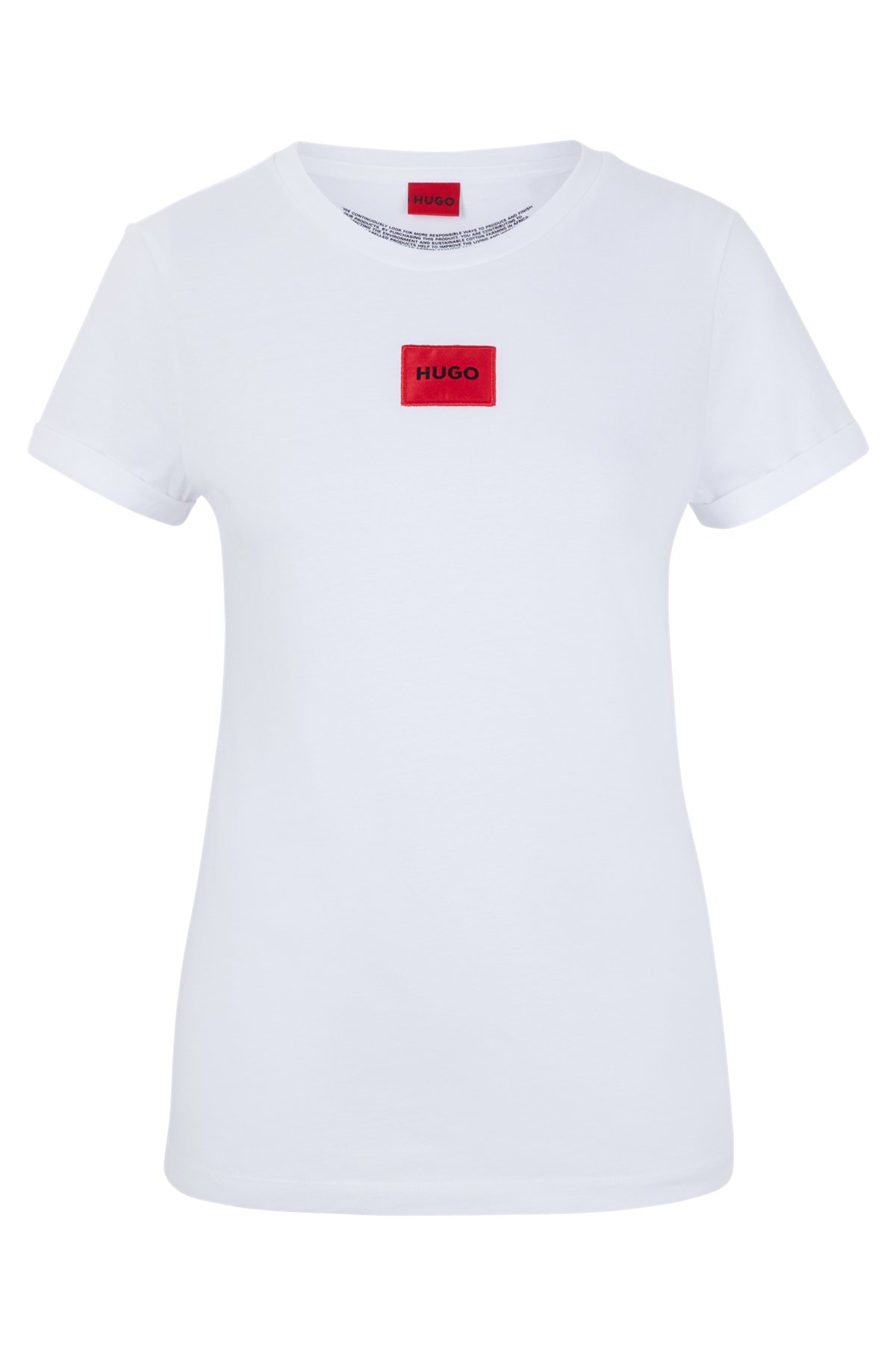 로고 라벨 슬림 핏 코튼 티셔츠, 화이트