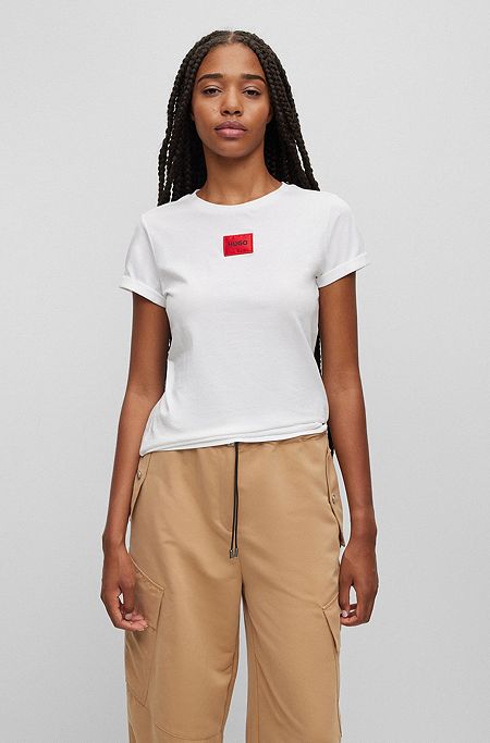 Slim-fit T-shirt van katoen met logolabel, Wit