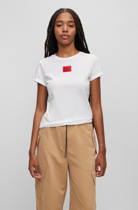 Camiseta slim fit de algodón con etiqueta con logo, Blanco