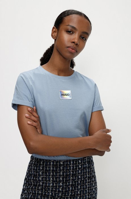 Camiseta slim fit de algodón con etiqueta con logo, Celeste