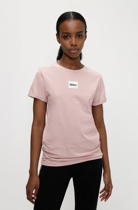 Camiseta slim fit de algodón con etiqueta con logo, Rosa claro