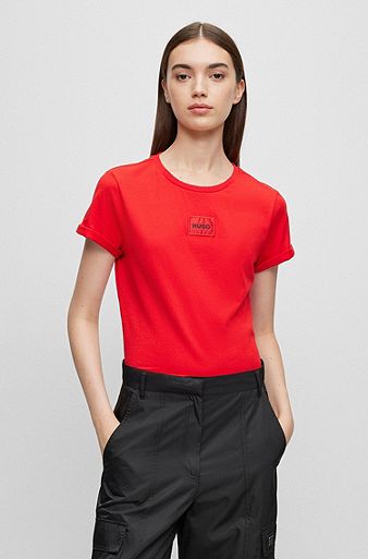 Camiseta slim fit de algodón con etiqueta con logo, Rojo
