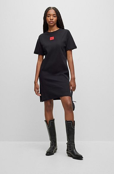 레드 로고 라벨 인터로크 코튼 티셔츠 드레스, 블랙