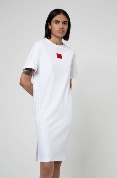 Hugo Interlock Cotton T Shirt Dress With Red Logo Label 