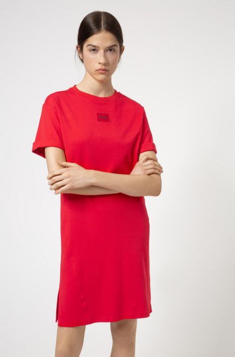 Hugo Interlock Cotton T Shirt Dress With Red Logo Label 