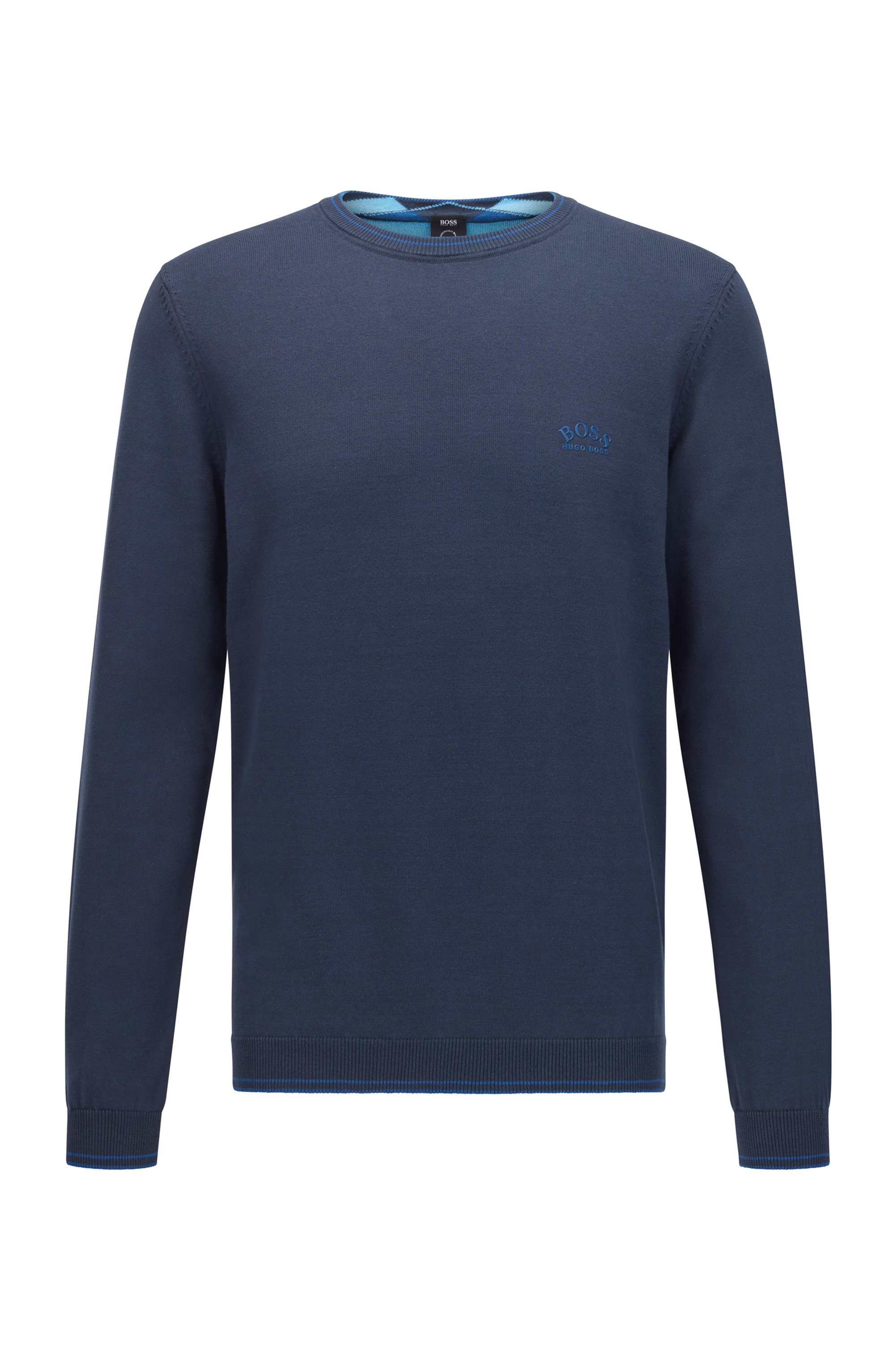 Crew-neck sweater in organic cotton with curved logo, Dark Blue