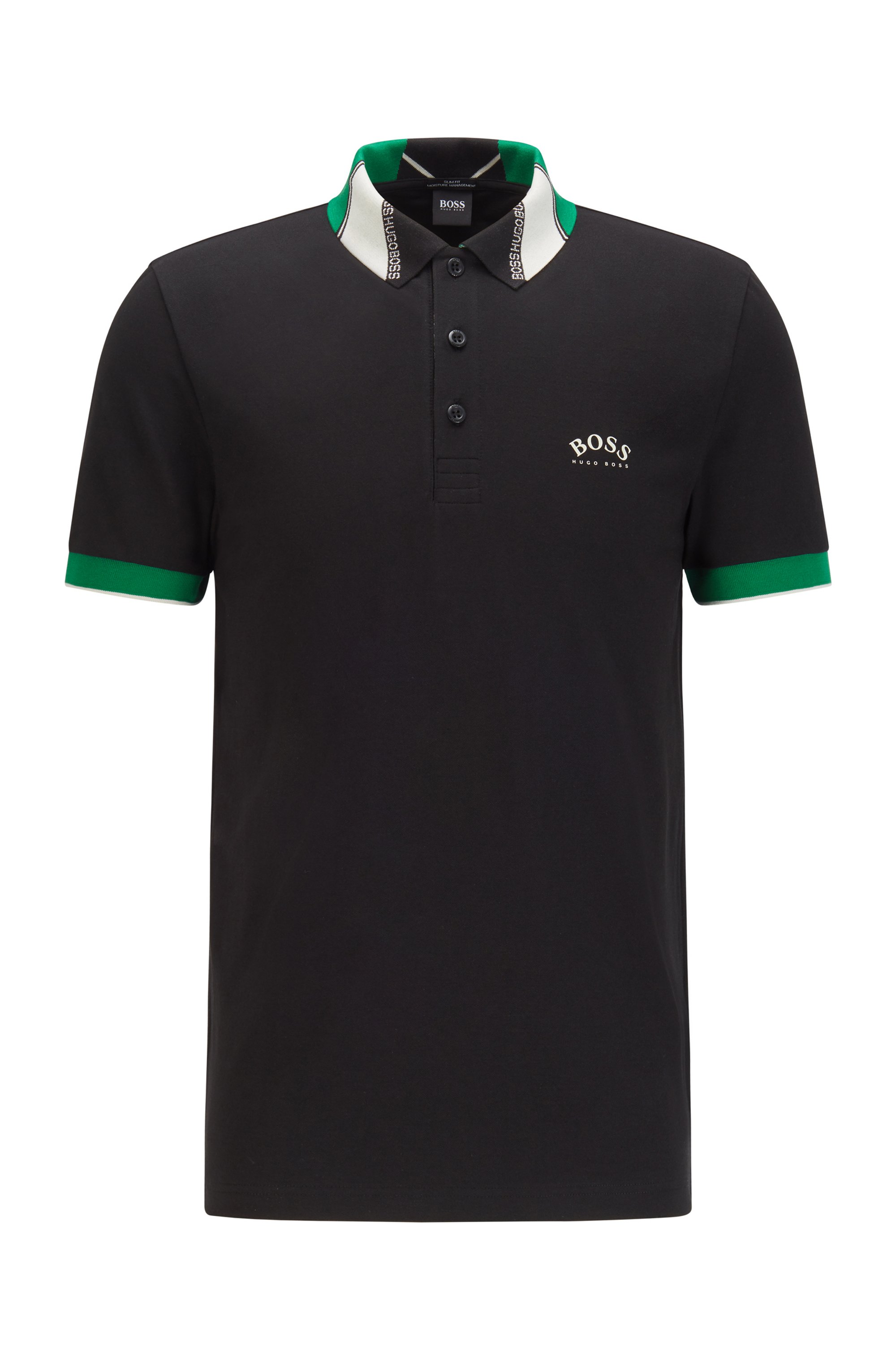 Slim-fit polo shirt in stretch piqué with logos, Black