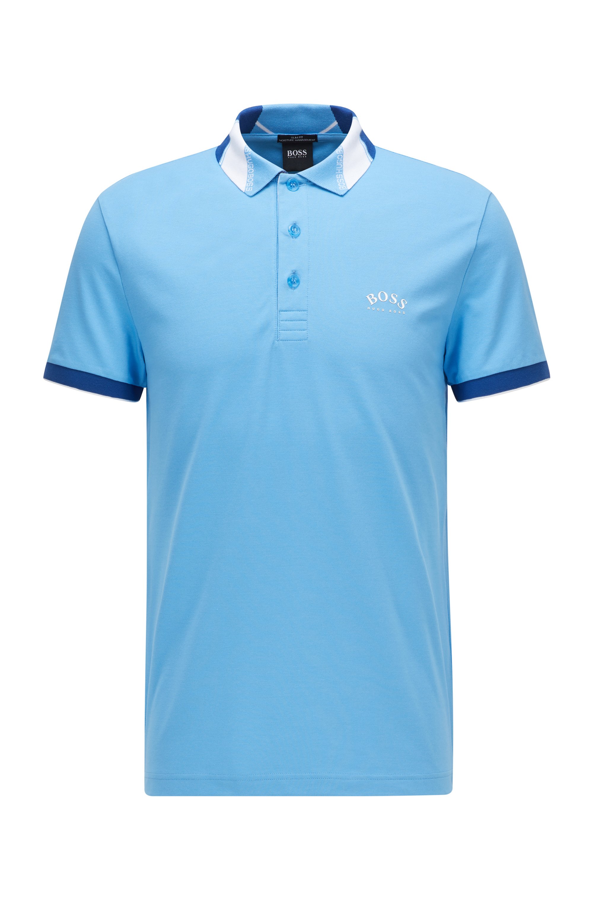 Slim-fit polo shirt in stretch piqué with logos, Light Blue