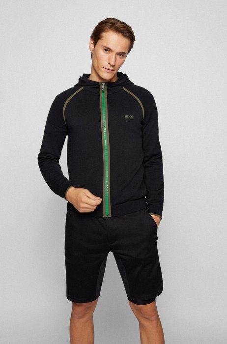 Cotton-blend hooded cardigan with logo-print zip, Black