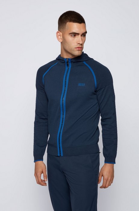 Cotton-blend hooded cardigan with logo-print zip, Dark Blue