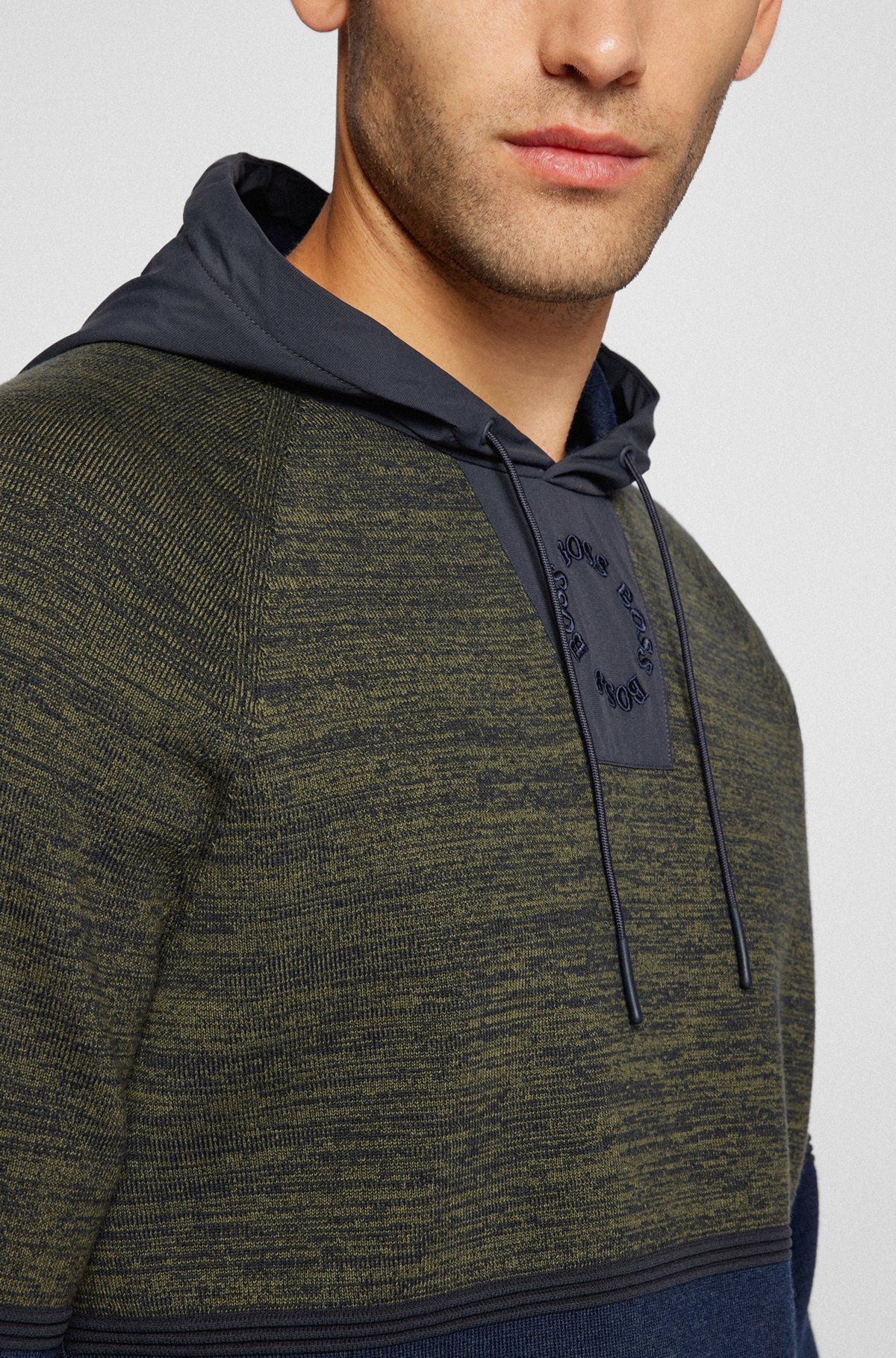 Mouliné relaxed-fit hooded sweater with circular logo embroidery, Light Blue