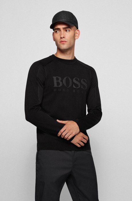 Logo sweater with faux-leather piping, Black