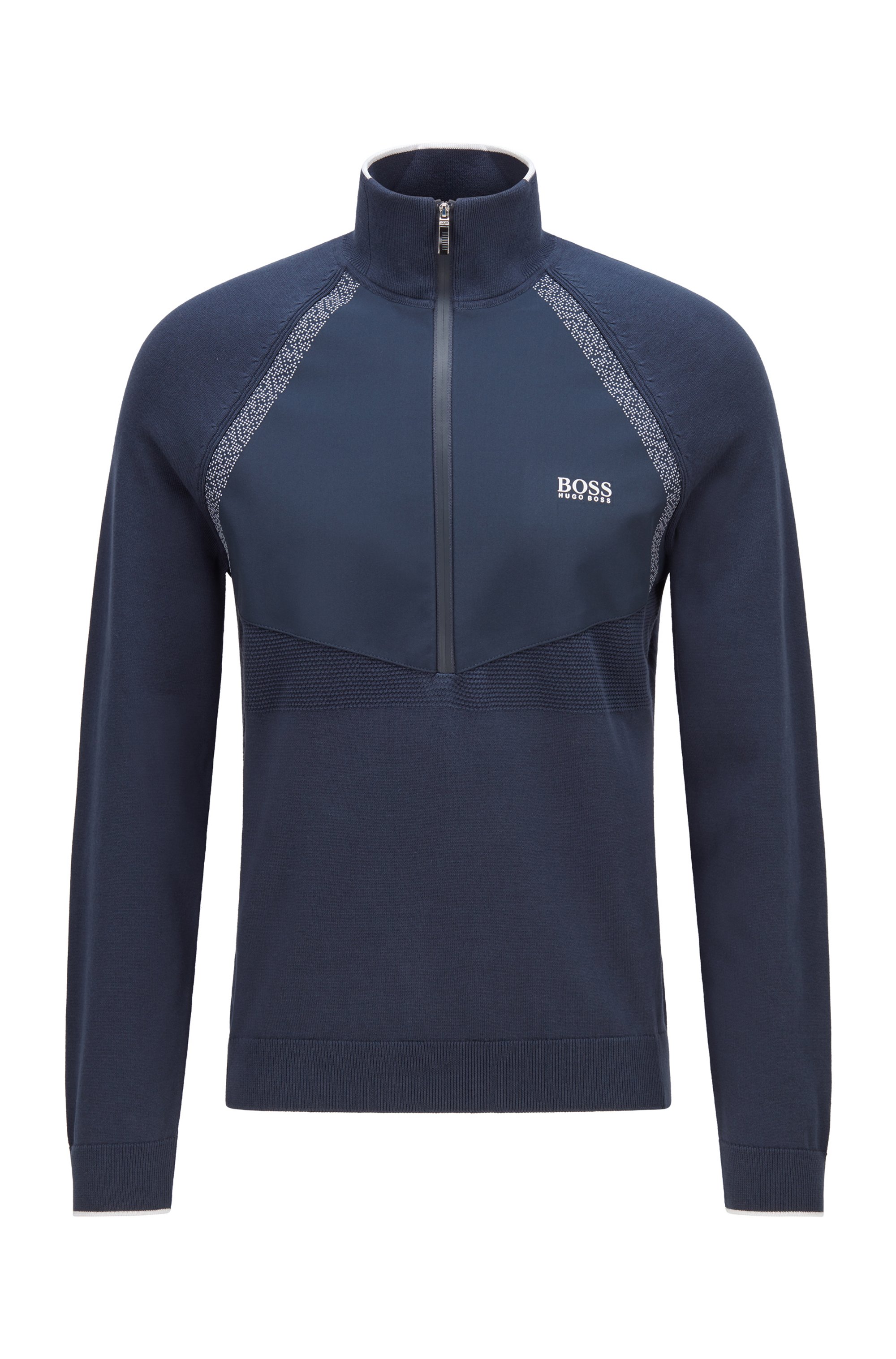 Hybrid sweater with quarter zip and contrast logo, Dark Blue