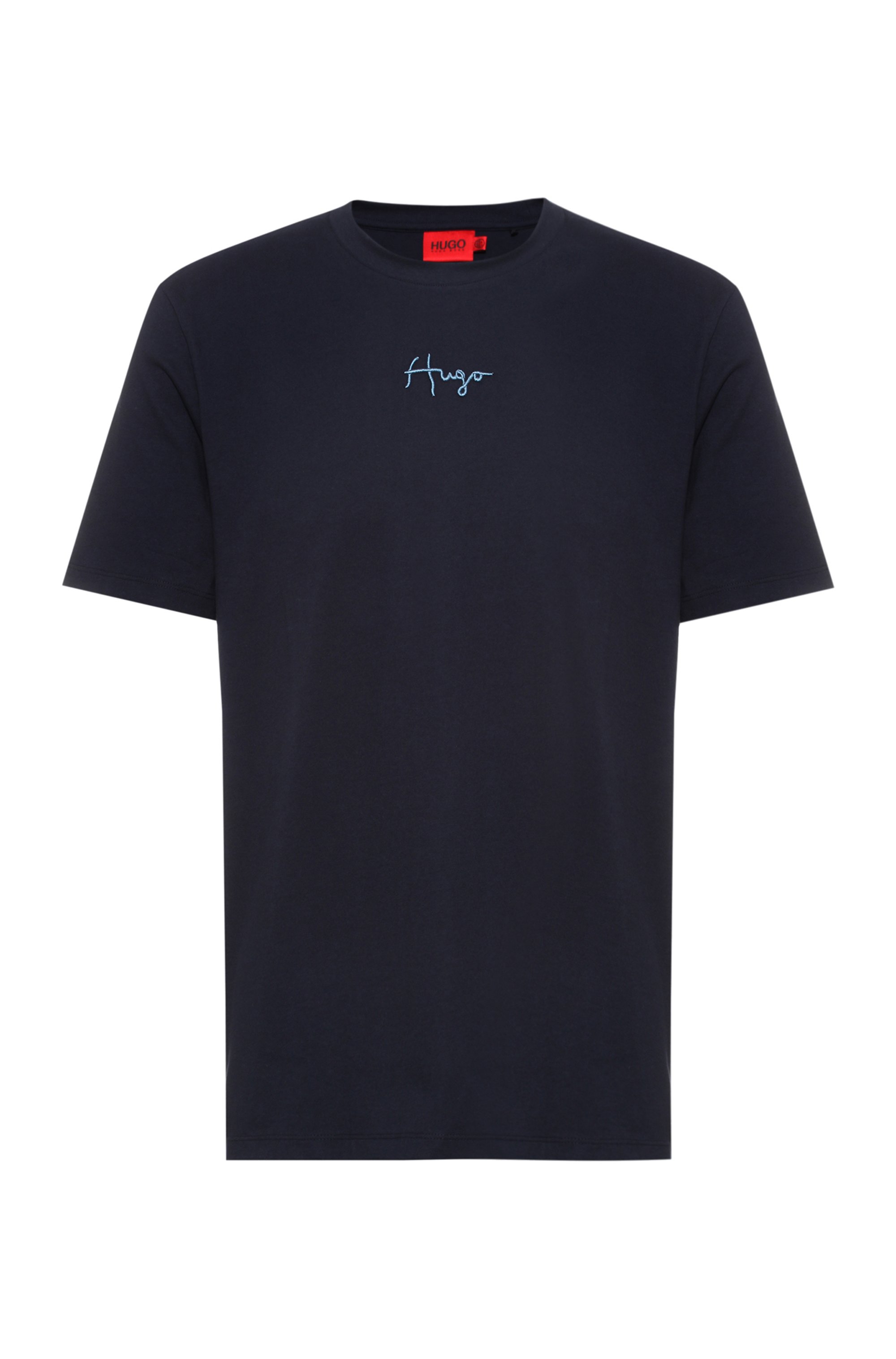 Organic-cotton T-shirt with embroidered handwritten logo, Dark Blue