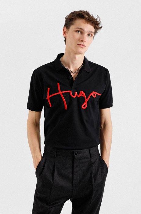Stretch-cotton polo shirt with handwritten embroidered logo, Black