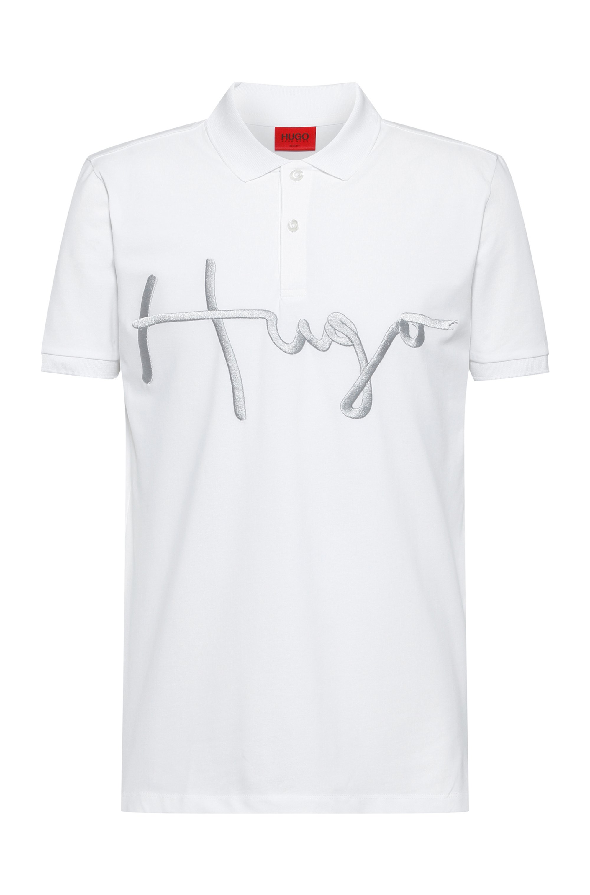 Stretch-cotton polo shirt with handwritten embroidered logo, White