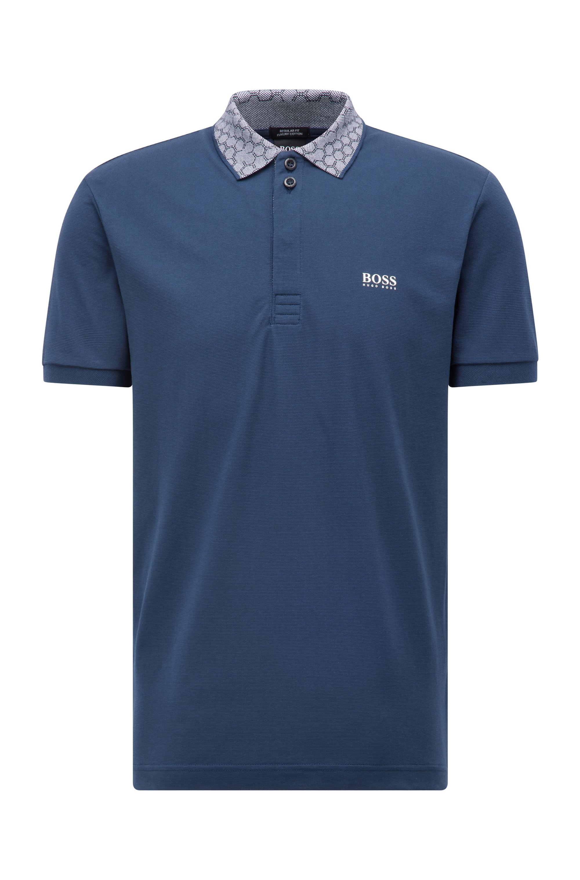 Cotton polo shirt with printed collar and logo, Dark Blue