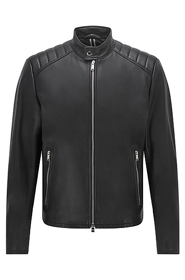 肩部绗缝细节纳帕革常规版型皮衣夹克外套,  001_Black