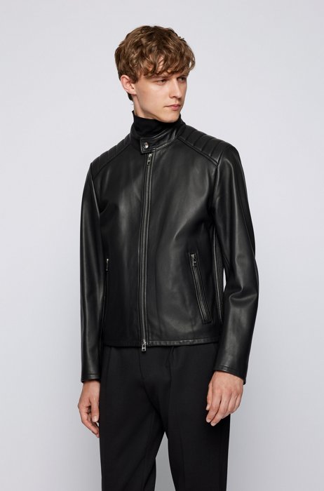 Regular-fit jacket in nappa leather with quilted shoulders, Black