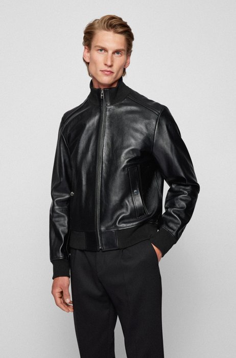 Bomber-style leather jacket in a regular fit, Black