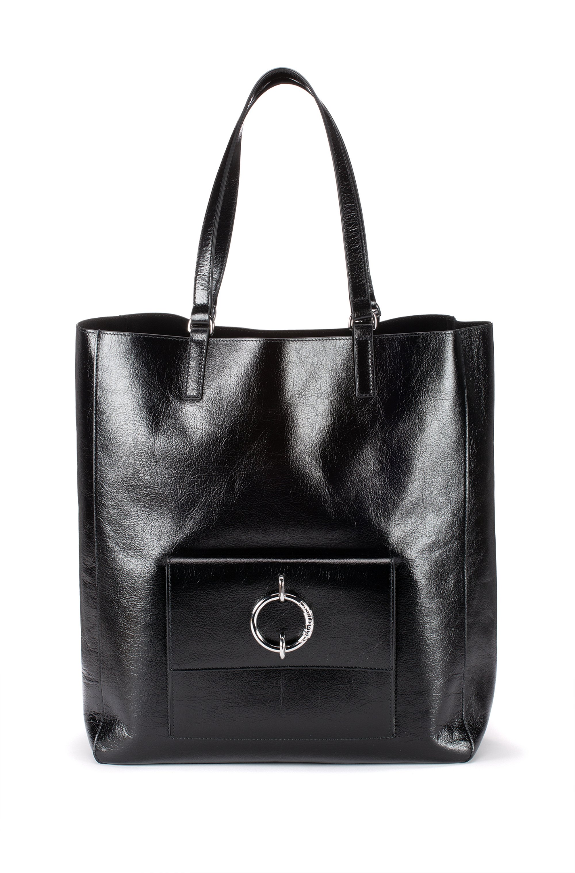 Shopper bag in lustrous leather with signature hardware, Black