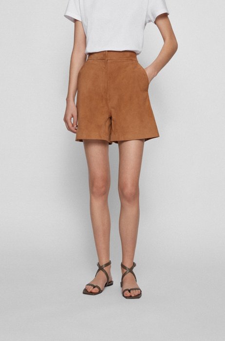 Suede shorts with partially elasticated waistband, Beige