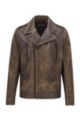 Biker jacket in treated leather with floral-print lining, Dark Brown