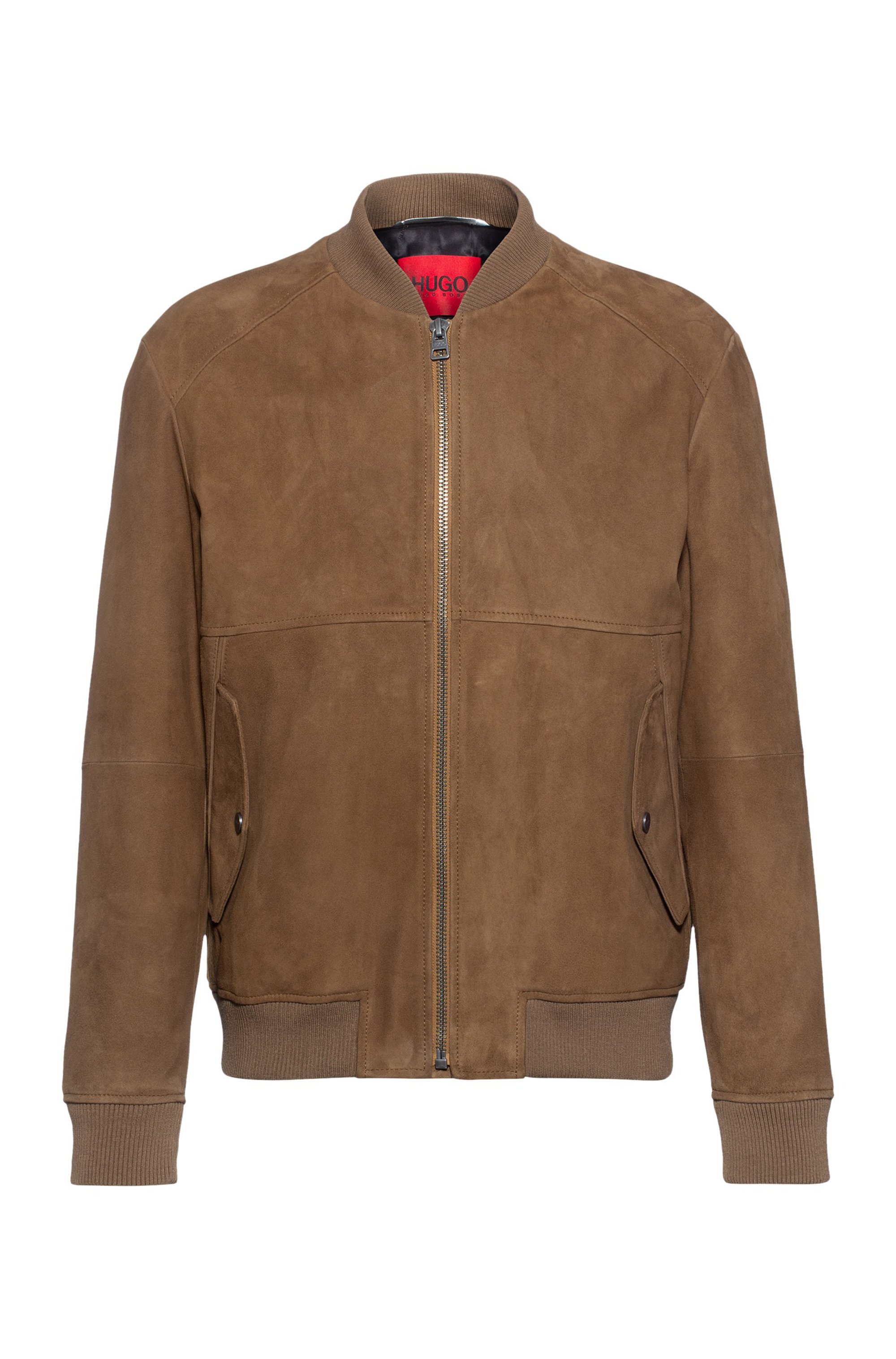 Slim-fit bomber jacket in suede with light padding, Light Brown