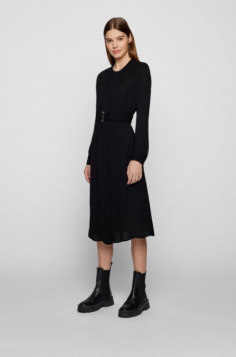 Long-sleeved dress with belted waist, Black
