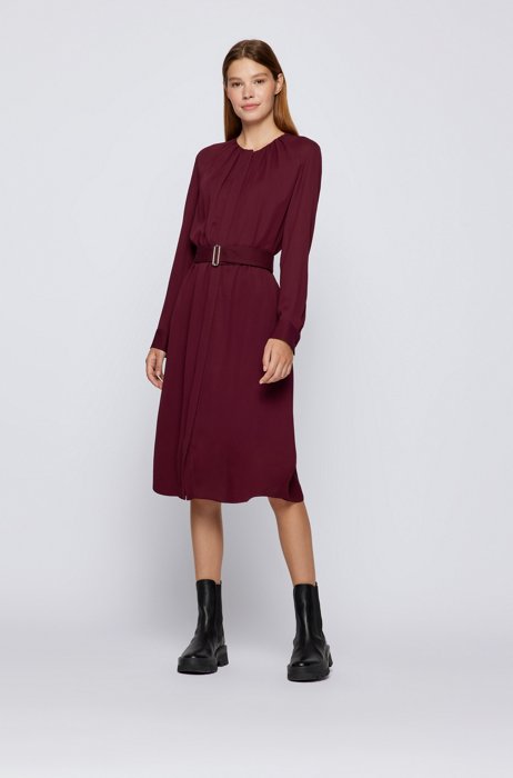 Long-sleeved dress with belted waist, Dark Red