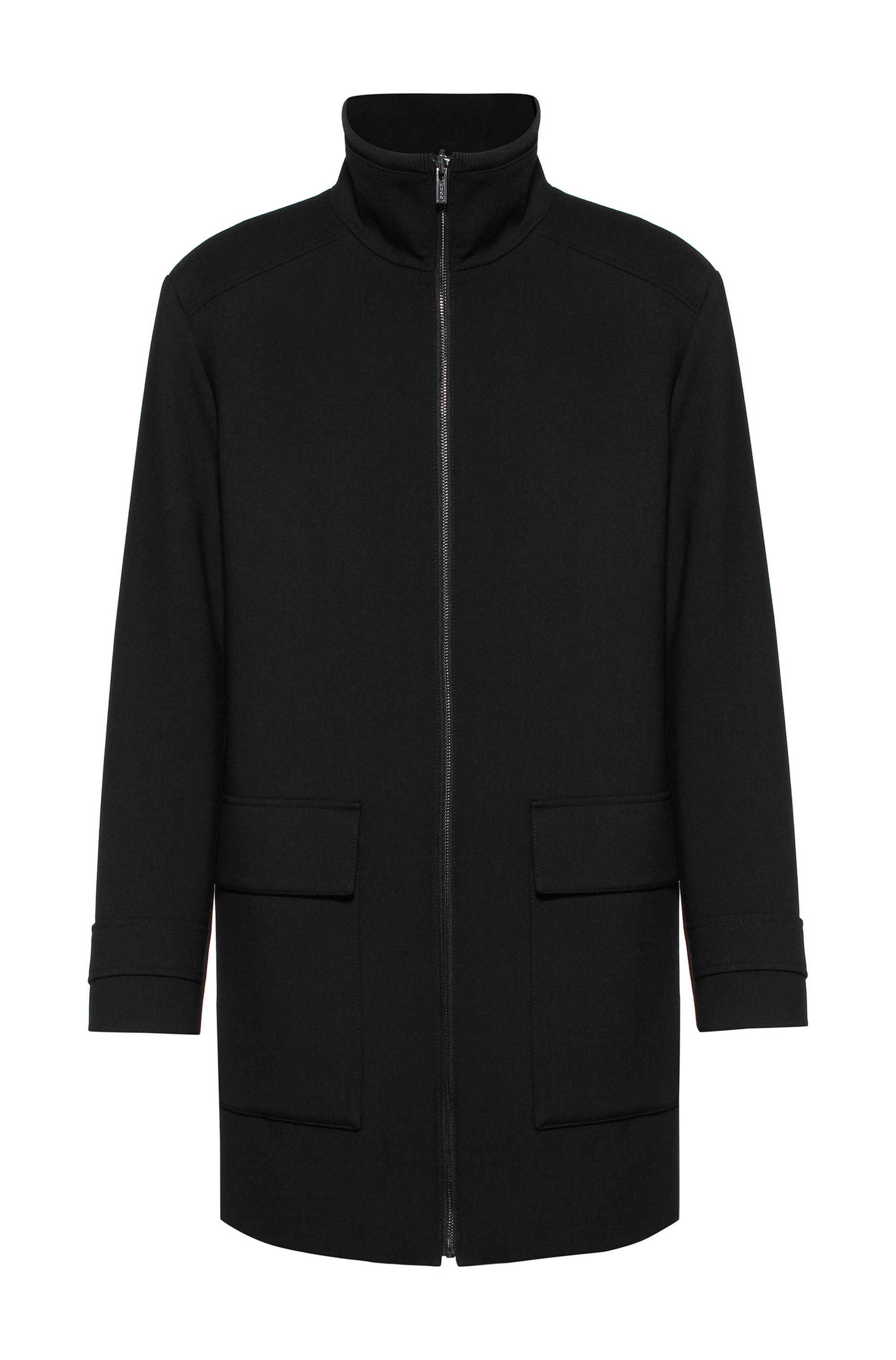 Regular-fit zip-up coat with stand collar, Black