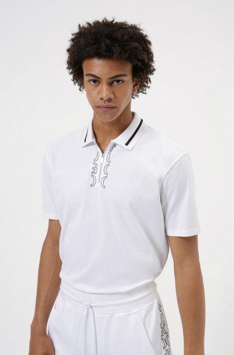 Zip-neck cotton polo shirt with cropped-logo placket, White