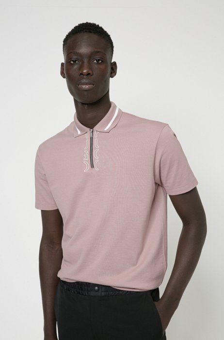 Zip-neck cotton polo shirt with cropped-logo placket, Light Brown