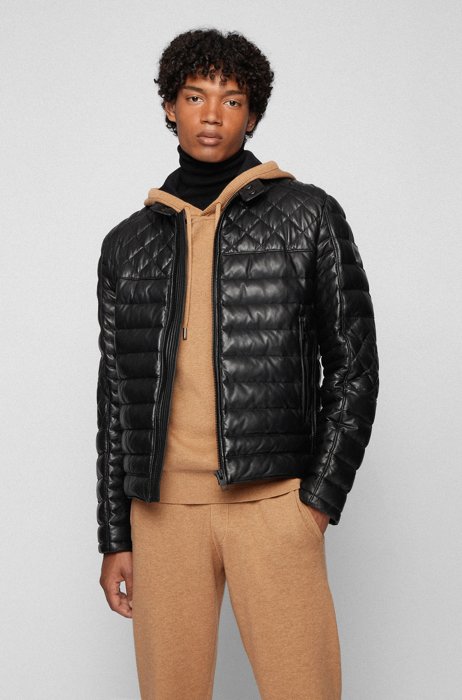 Slim-fit quilted biker jacket in waxed leather, Black