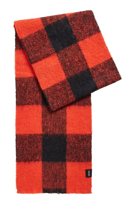 Logo-flag scarf with bouclé patterned check , Orange Patterned