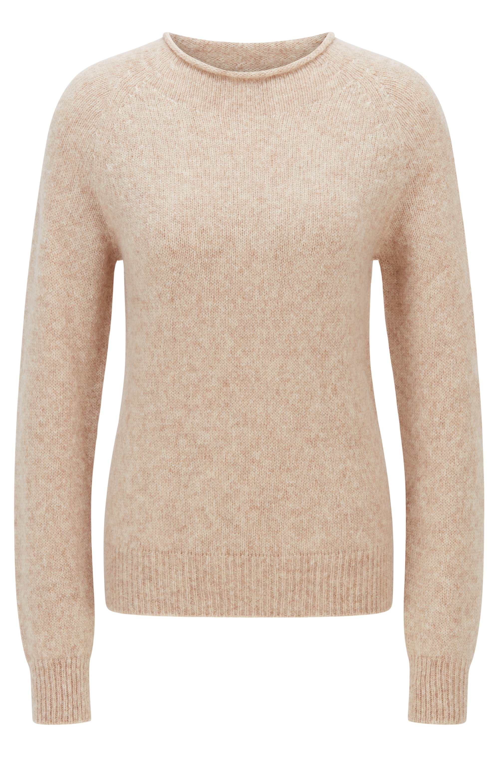 Regular-fit sweater with rolled neckline, Light Beige