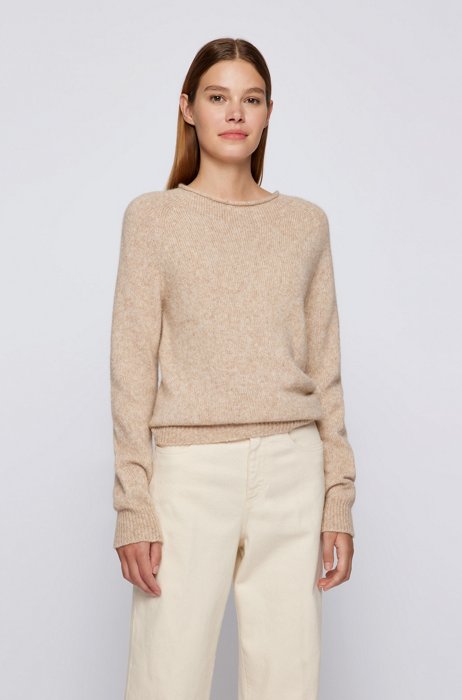 Regular-fit sweater with rolled neckline, Light Beige